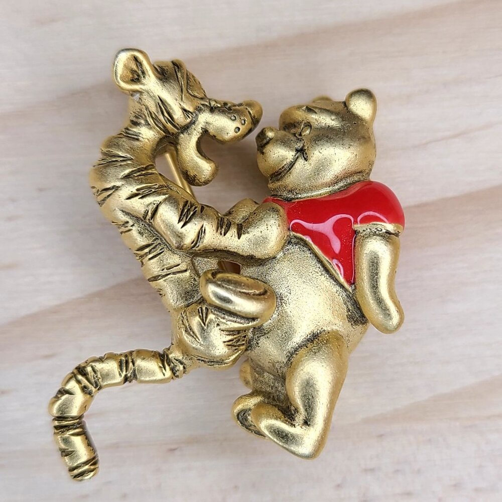 Disney Winnie The Pooh & Tigger Gold Tone Enamel Brooch Pin Vintage Signed